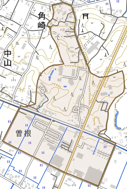 角崎とその周辺の地図。町の範囲を重ねている