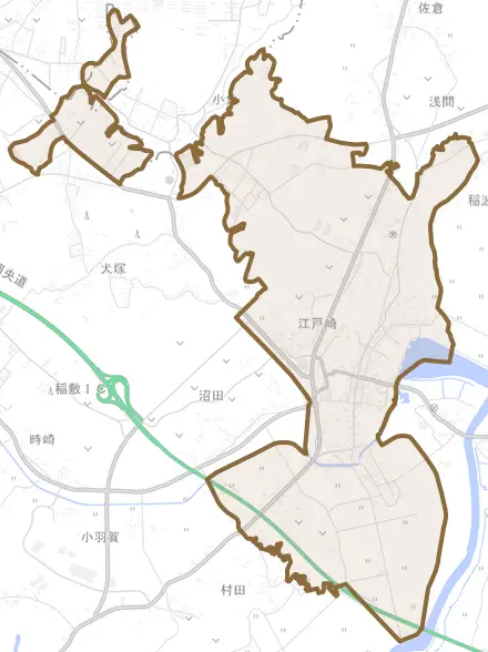江戸崎とその周辺の地図。町の範囲を重ねている