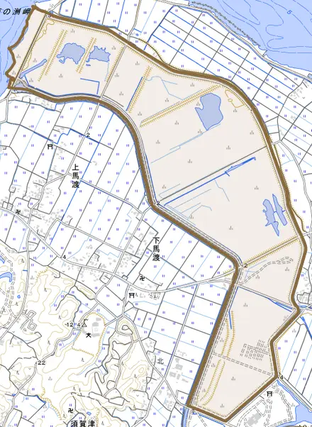 西の洲とその周辺の地図。町の範囲を重ねている