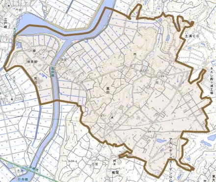 高田とその周辺の地図。町の範囲を重ねている