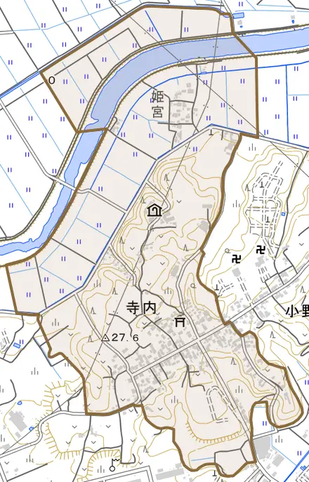 寺内とその周辺の地図。町の範囲を重ねている