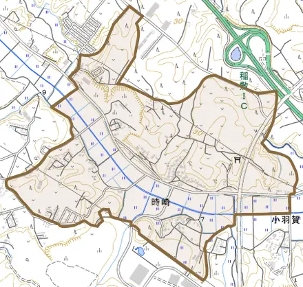 時崎とその周辺の地図。町の範囲を重ねている