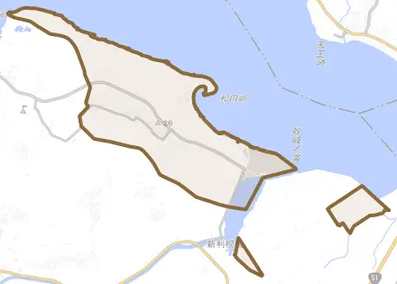 浮島とその周辺の地図。町の範囲を重ねている