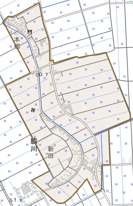 脇川とその周辺の地図。町の範囲を重ねている