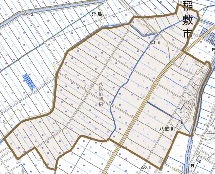 八筋川とその周辺の地図。町の範囲を重ねている