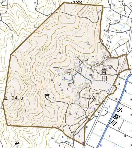 青田とその周辺の地図。町の範囲を重ねている