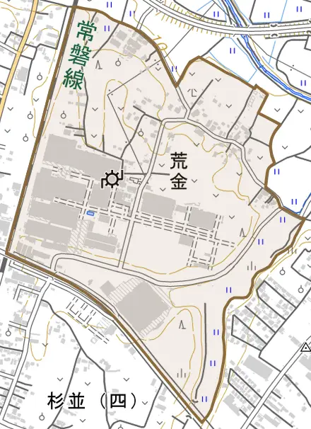 荒金とその周辺の地図。町の範囲を重ねている