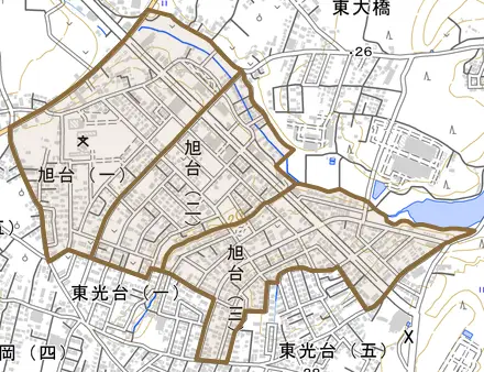 旭台とその周辺の地図。町の範囲を重ねている