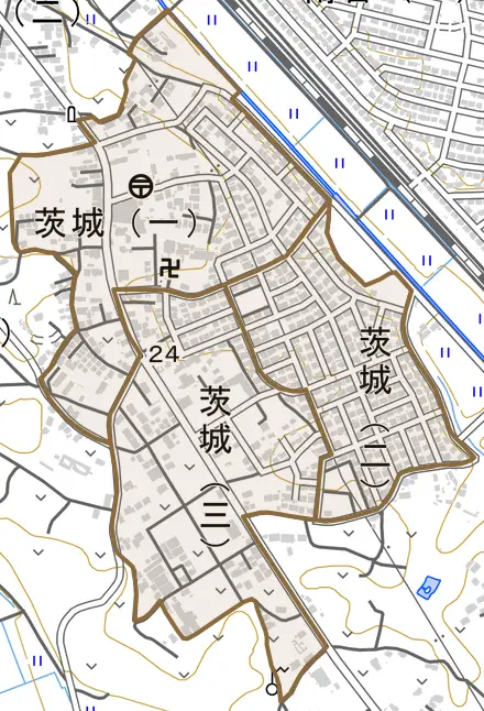 茨城とその周辺の地図。町の範囲を重ねている