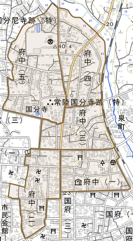 府中とその周辺の地図。町の範囲を重ねている