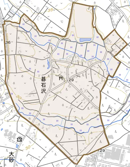 碁石沢とその周辺の地図。町の範囲を重ねている