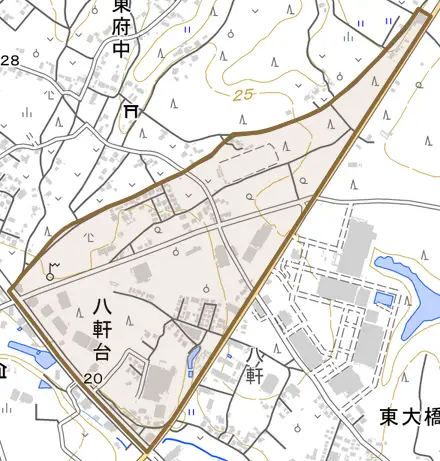 八軒台とその周辺の地図。町の範囲を重ねている