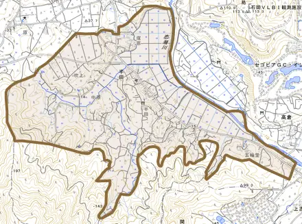 半田とその周辺の地図。町の範囲を重ねている