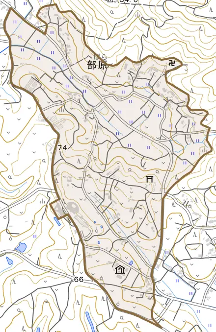 部原とその周辺の地図。町の範囲を重ねている