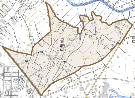 東府中とその周辺の地図。町の範囲を重ねている