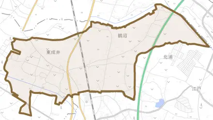 東成井とその周辺の地図。町の範囲を重ねている