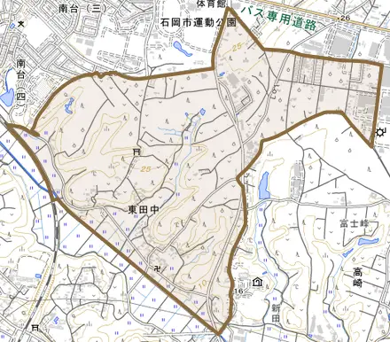 東田中とその周辺の地図。町の範囲を重ねている
