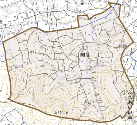 細谷とその周辺の地図。町の範囲を重ねている