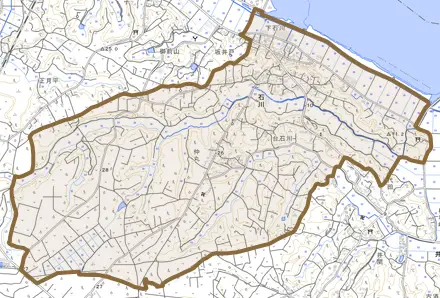 石川とその周辺の地図。町の範囲を重ねている