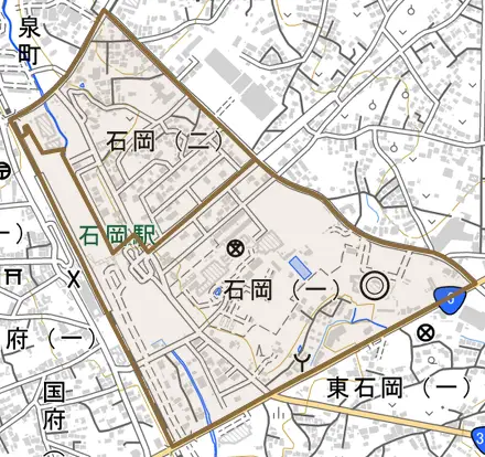 石岡とその周辺の地図。町の範囲を重ねている