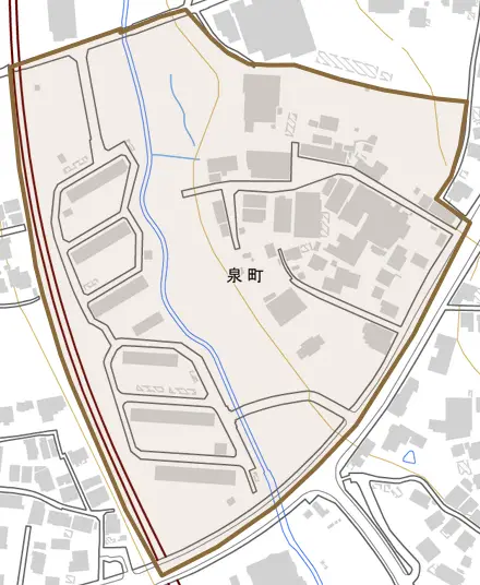 泉町とその周辺の地図。町の範囲を重ねている