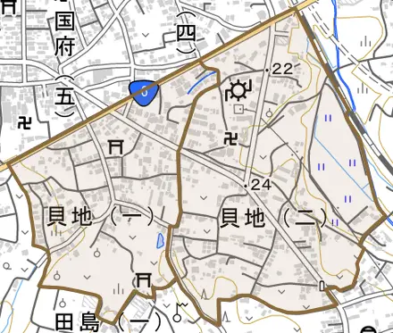 貝地とその周辺の地図。町の範囲を重ねている