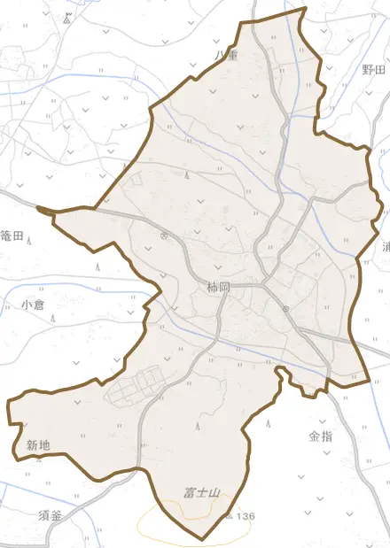 柿岡とその周辺の地図。町の範囲を重ねている