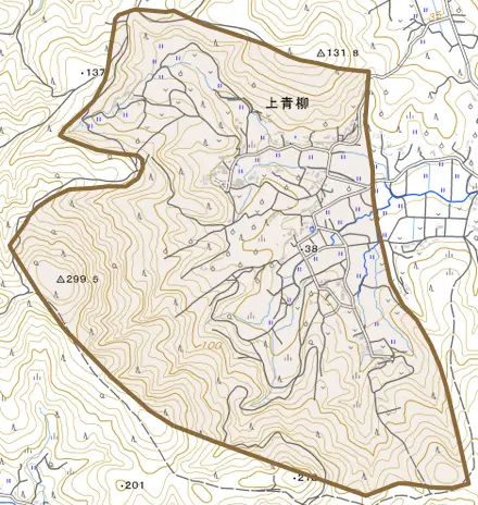 上青柳とその周辺の地図。町の範囲を重ねている