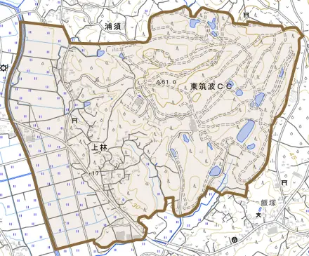 上林とその周辺の地図。町の範囲を重ねている