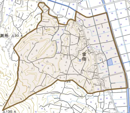 金指とその周辺の地図。町の範囲を重ねている