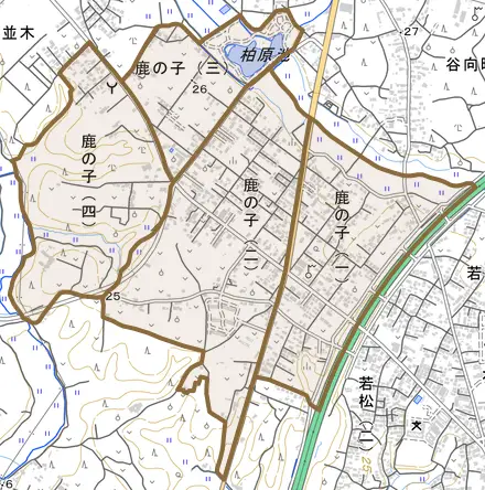 鹿の子とその周辺の地図。町の範囲を重ねている