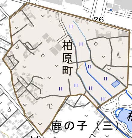 柏原町とその周辺の地図。町の範囲を重ねている