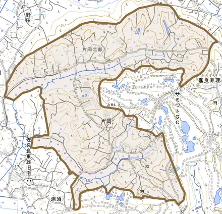 片岡とその周辺の地図。町の範囲を重ねている