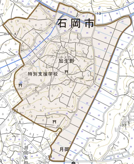 加生野とその周辺の地図。町の範囲を重ねている