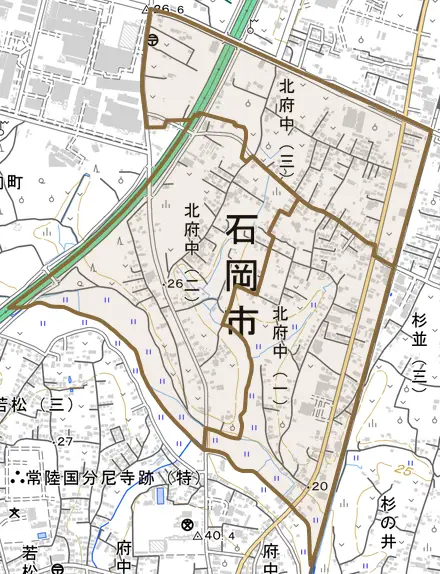 北府中とその周辺の地図。町の範囲を重ねている