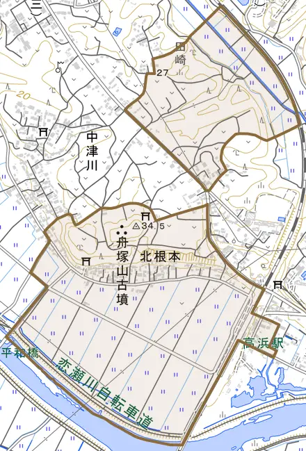 北根本とその周辺の地図。町の範囲を重ねている