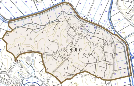 小井戸とその周辺の地図。町の範囲を重ねている
