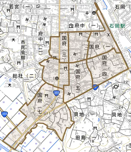 国府とその周辺の地図。町の範囲を重ねている