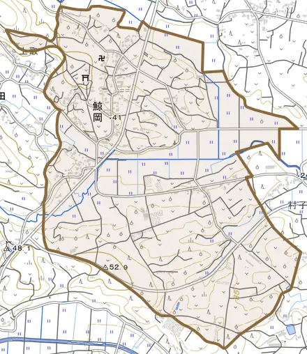 鯨岡とその周辺の地図。町の範囲を重ねている