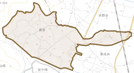 真家とその周辺の地図。町の範囲を重ねている