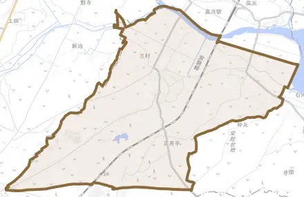三村とその周辺の地図。町の範囲を重ねている