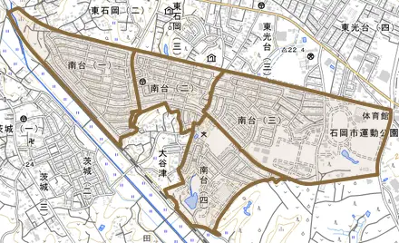 南台とその周辺の地図。町の範囲を重ねている