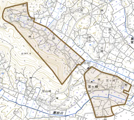 宮ケ崎とその周辺の地図。町の範囲を重ねている
