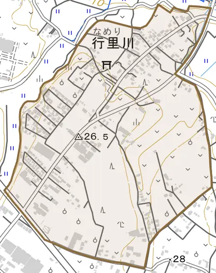 行里川とその周辺の地図。町の範囲を重ねている