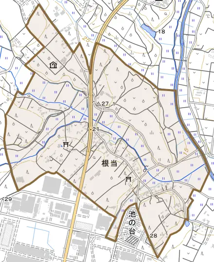 根当とその周辺の地図。町の範囲を重ねている