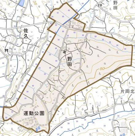 野田とその周辺の地図。町の範囲を重ねている