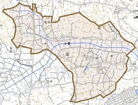 小倉とその周辺の地図。町の範囲を重ねている
