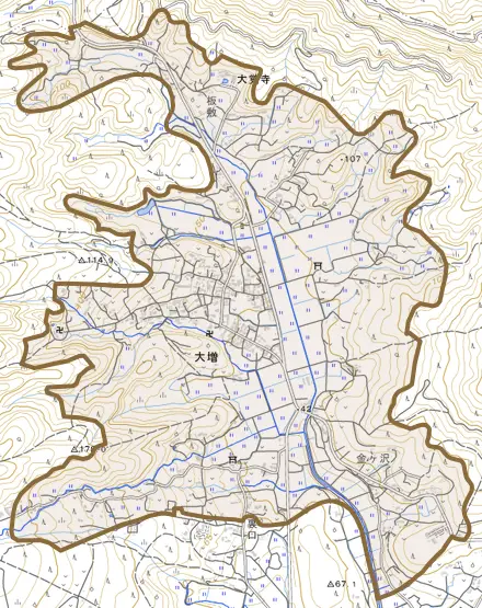 大増とその周辺の地図。町の範囲を重ねている