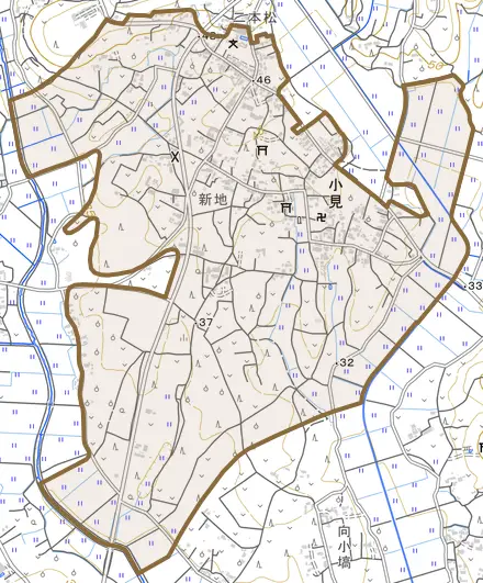 小見とその周辺の地図。町の範囲を重ねている