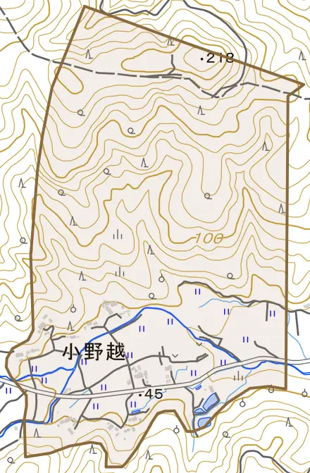 小野越とその周辺の地図。町の範囲を重ねている